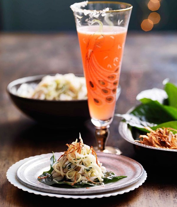 Crab, coconut and kaffir lime on betel leaves
