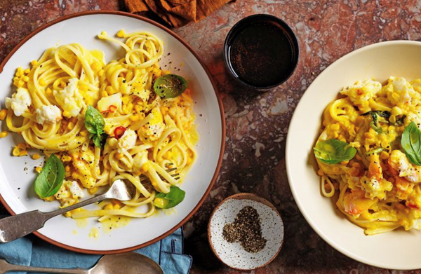 Crab, corn and basil linguine