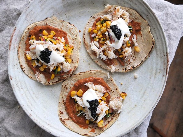 Crab, corn and caviar tacos