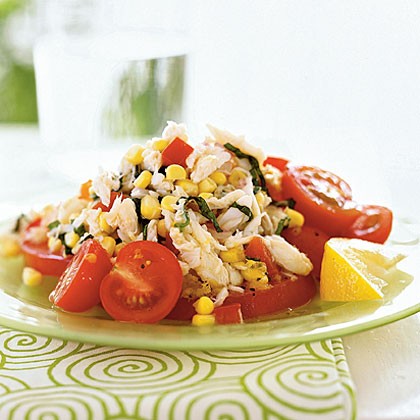 Crab, corn and tomato salad with lemon-basil dressing
