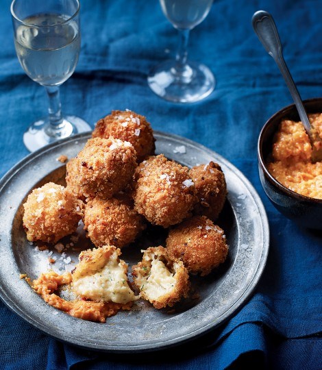 Crab croquetas with romesco dipping sauce