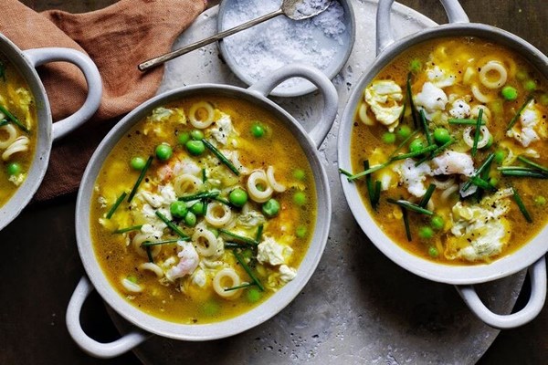 Crab curry, anelli, egg and sweet pea broth