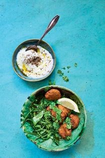 Crab falafel with labneh and sea vegetable salad