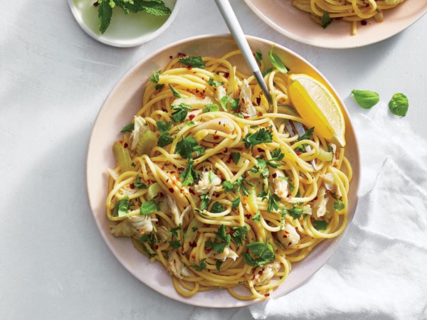 Crab, fennel, and basil spaghetti