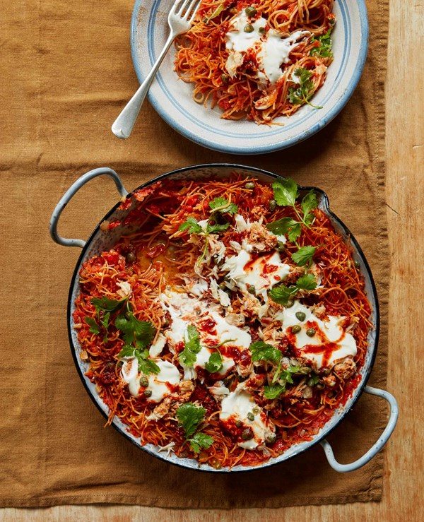 Crab fideos with smoked chilli relish