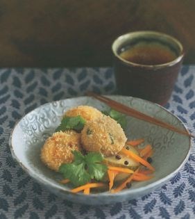 Crab, ginger and tofu fritters with Sichuan pickled vegetables