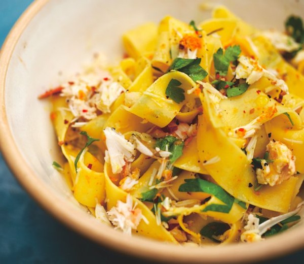 Crab in orange juice and zest with pappardelle