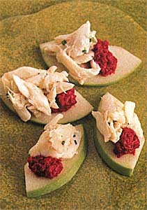Crab meat and beet purée on Granny Smith apple