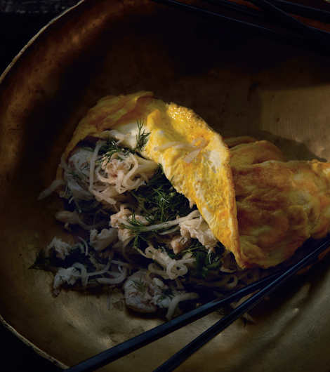 Crab omelette with pickled white radish and fresh herbs