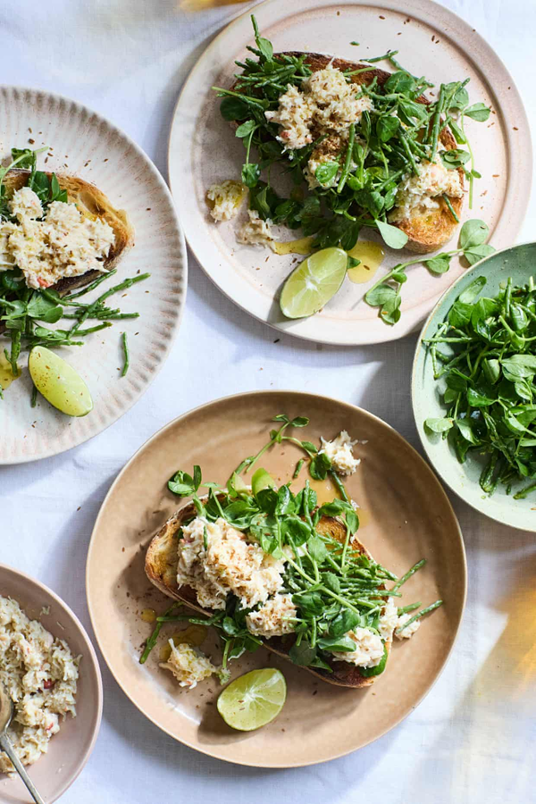 Crab on toast with lime, cumin and pickled samphire