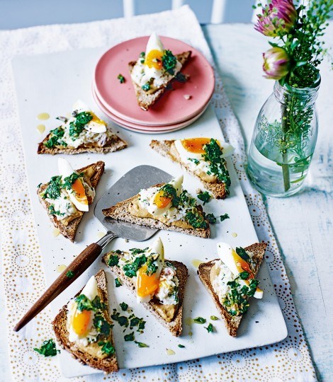 Crab on toasted spelt bread with soft boiled eggs and salsa verde