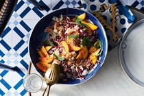 Crab, pickled peach and radicchio salad with tarragon mustard dressing