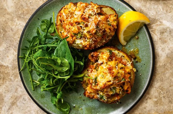 Crab rarebit-stuffed baked potatoes