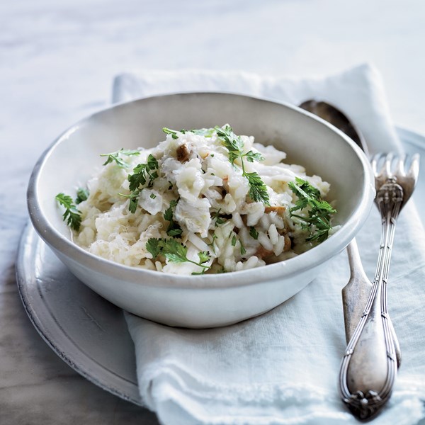 Crab risotto with oyster mushrooms [Nancy Oakes]