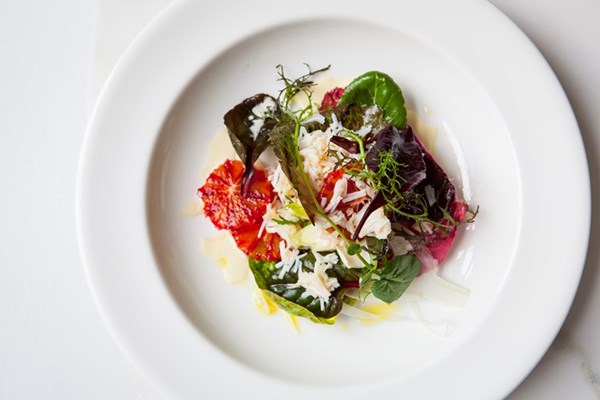  Crab salad with blood orange, fennel, bitter leaves and verjus