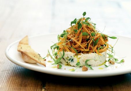 Crab salad with flat breads (Crab, carrot and coriander salad with toasted hazelnuts and sea salt flat breads)