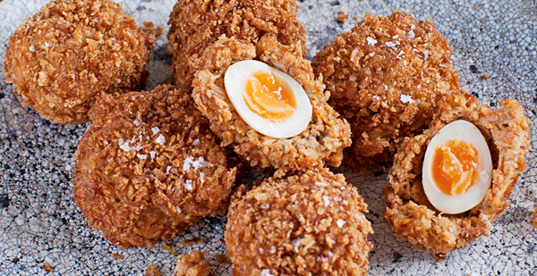 Crab Scotch quail's eggs with mustard mayo