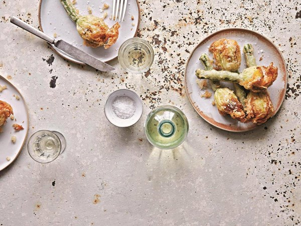 Crab-stuffed courgette flowers