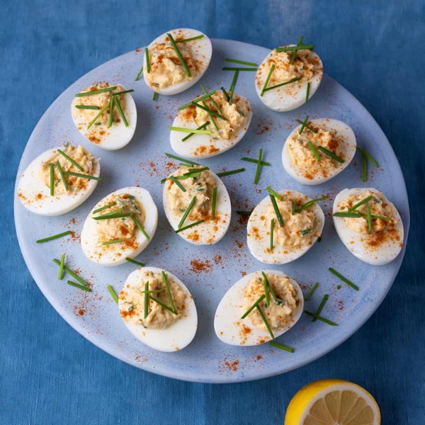 Crab-stuffed devilled eggs