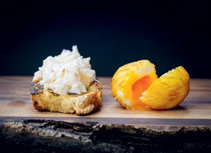 Crab toasties/potato-wrapped quails' eggs