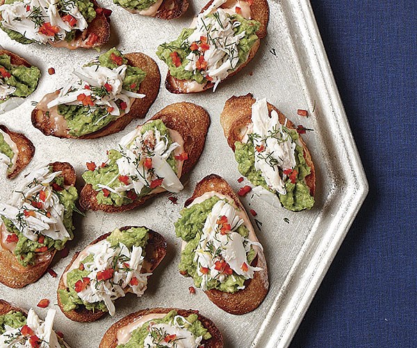 Crab toasts with smashed avocado and Bloody Mary aïoli
