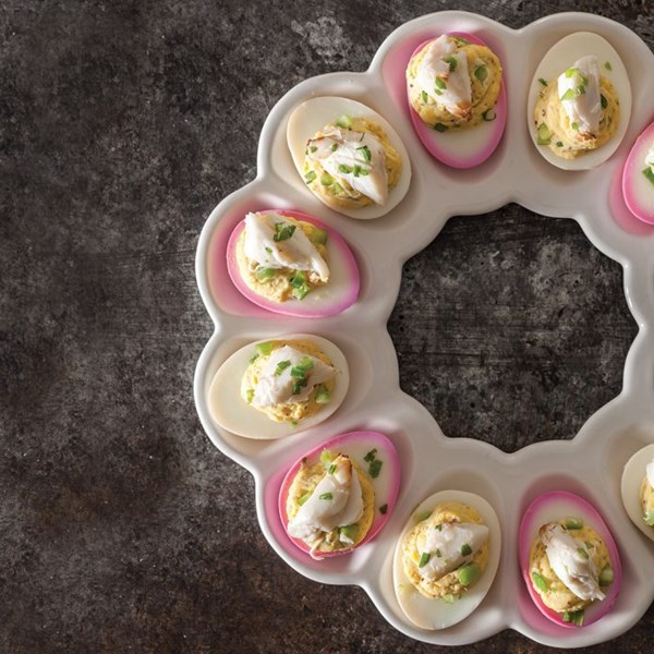 Crab-topped pickled deviled eggs