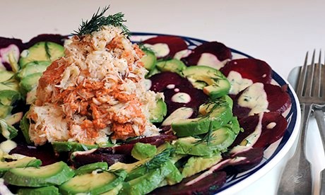 Crabmeat with beetroot carpaccio and avocado