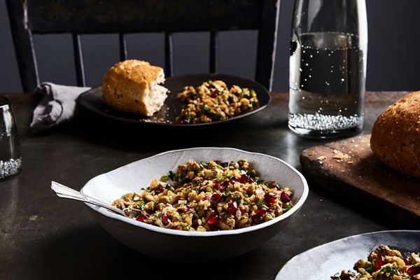 Cracked green olive, walnut, and pomegranate relish