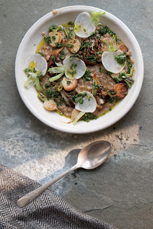 Cracked-wheat porridge with hen of the woods mushrooms and turnip-top salsa