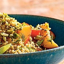 Cracked wheat salad with nectarines, parsley, and pistachios