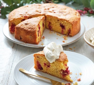 Cranberry & clementine polenta cake with zesty cinnamon cream