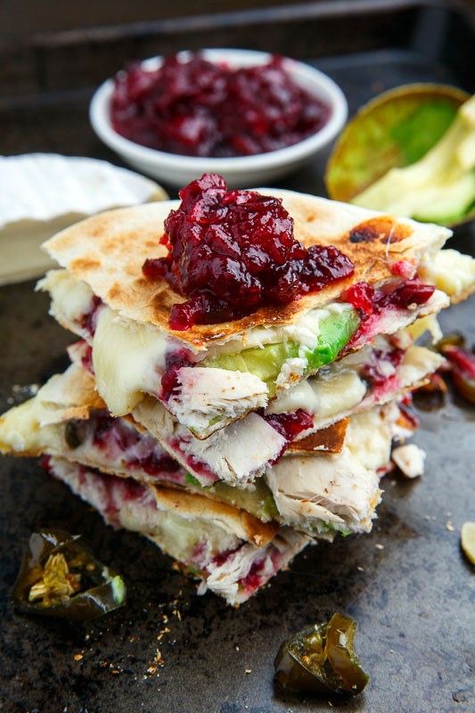 Cranberry and Brie turkey quesadillas with avocado and candied jalapenos