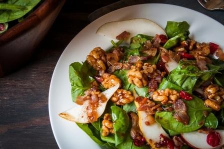 Cranberry and maple glazed walnut salad with warm bacon vinaigrette 