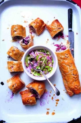 Cranberry and sage sausage rolls with sweet vinegared coleslaw
