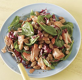Cranberry bean and salmon salad with spinach and radicchio