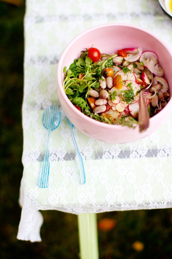 Cranberry bean salad with watercress, radish, and cherry tomatoes