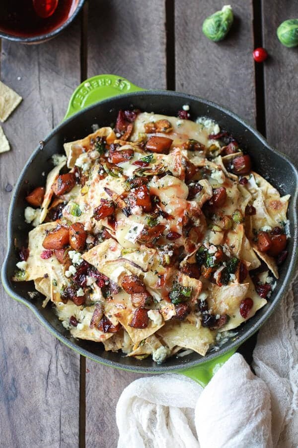 Cranberry, butternut and Brussels sprout Brie skillet nachos
