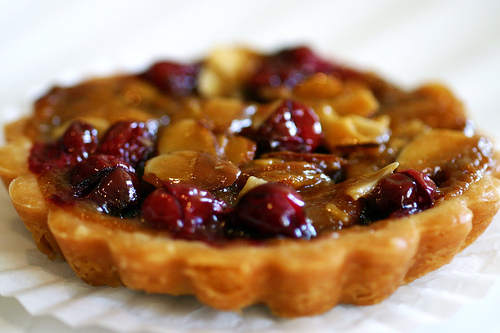 Cranberry, caramel and almond tart