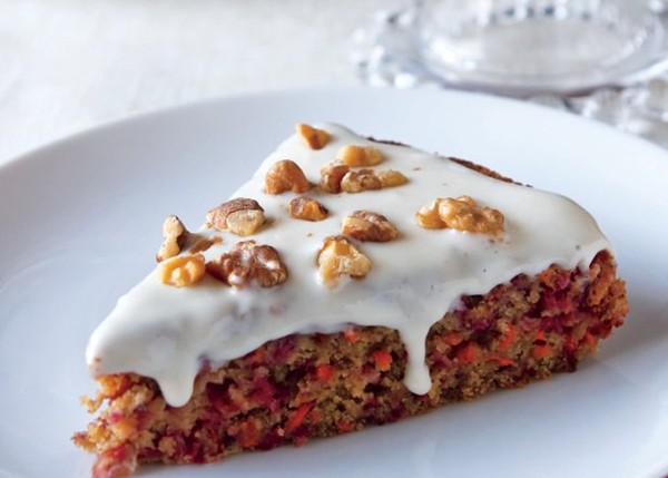 Cranberry-carrot cake with maple-cream cheese frosting