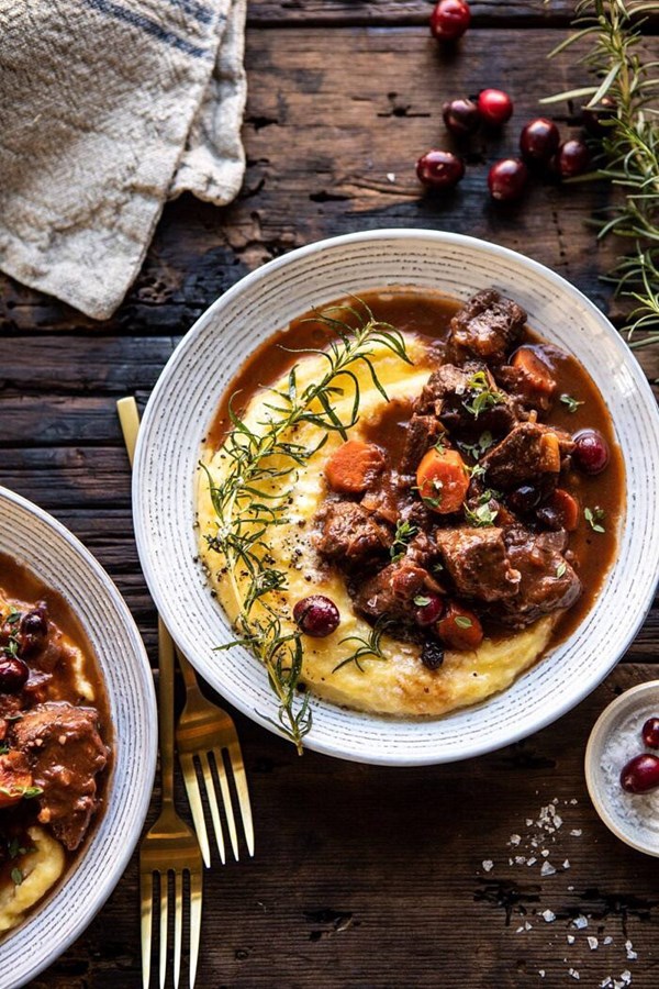 Cranberry cider braised beef stew with rosemary polenta