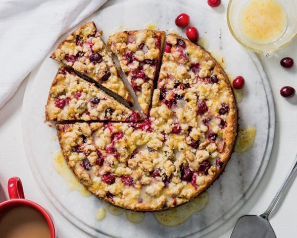 Cranberry citrus coffee cake [walnut streusel, citrus glaze]