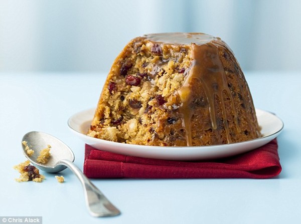 Cranberry, date & macadamia pudding with butterscotch sauce