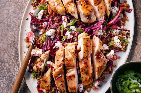 Cranberry-glazed chicken salad with feta, red cabbage & grains