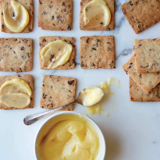 Cranberry-lime shortbread cookies with lime curd