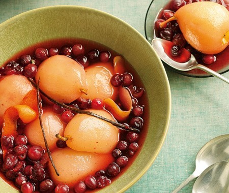 Cranberry-poached pears