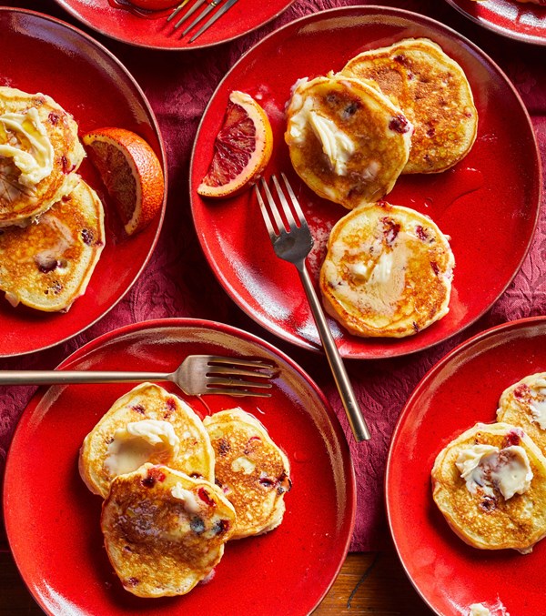 Cranberry-ricotta pancakes with salted maple butter
