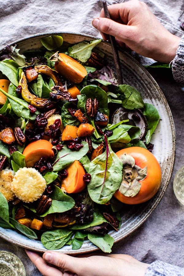 Cranberry roasted butternut persimmon salad with fried goat cheese