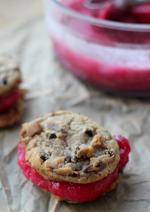 Cranberry royale sorbet chocolate chip cookie sandwiches