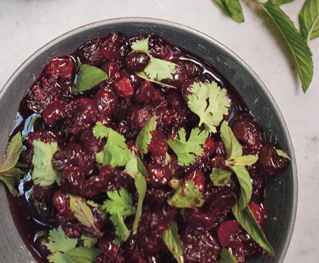 Cranberry sauce with red wine, pomegranate molasses, and Mediterranean herbs