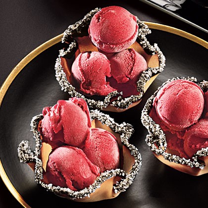 Cranberry sherbert in tuile cups